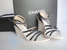 Chanel Black Patent Leather Wedge Open Toe Shoes 37.5