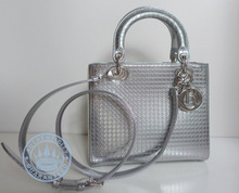 Dior Lady  in Silver  Handbag, -tone metallic calfskin with micro-cannage
